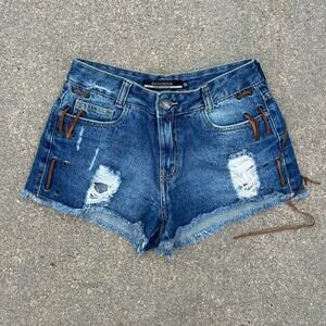Y2K fray hem lace up side rawhide detail jean shorts